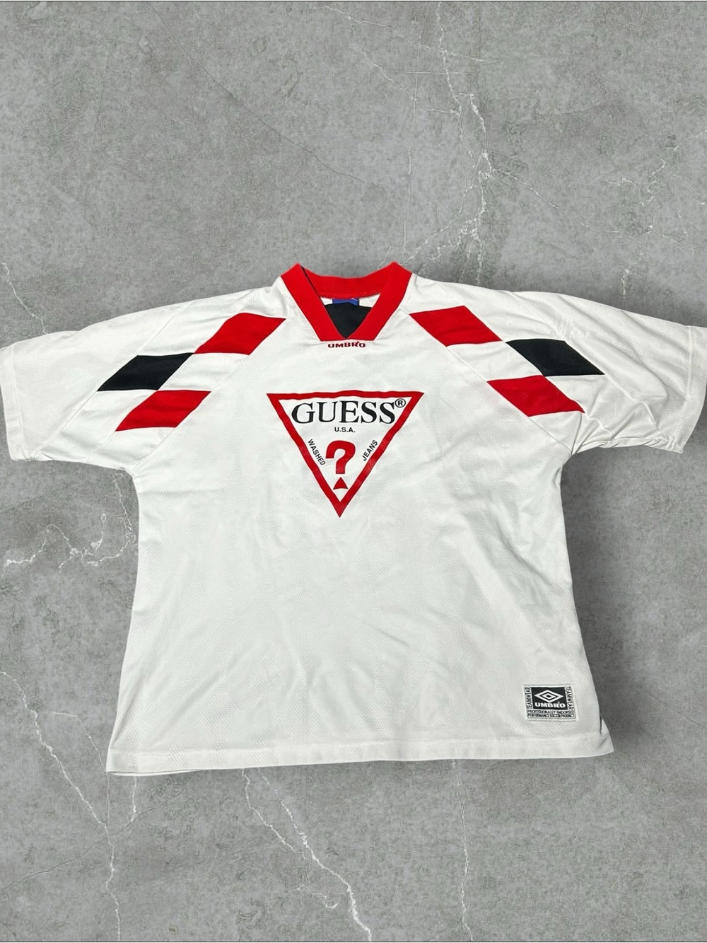 Guess White Vintage Soccer Jersey with Red and Black Logo Accents